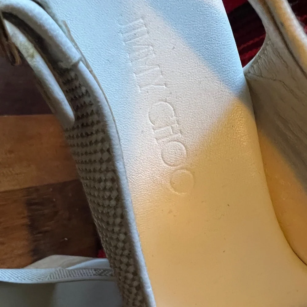 Jimmy Choo White and Natural Cork Woven Peep-Toe Wedge Sandals